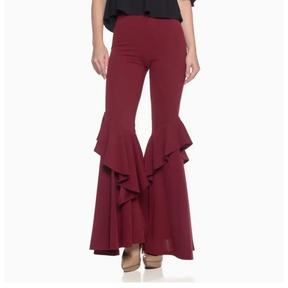 Burgundy flares into bellbottoms small ruffle pants zip back tall girl